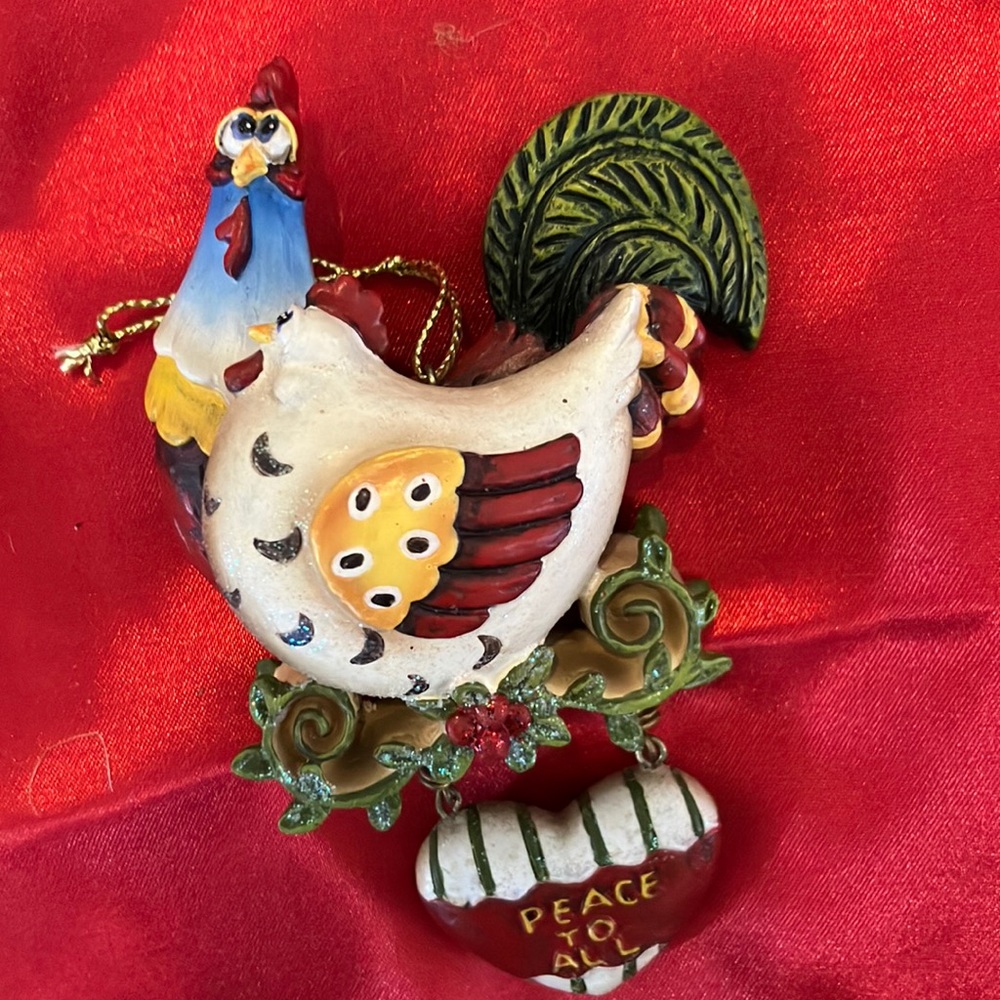Vintage Chicken Rooster with hanging Heart Peace to All Christmas Tree Ornament